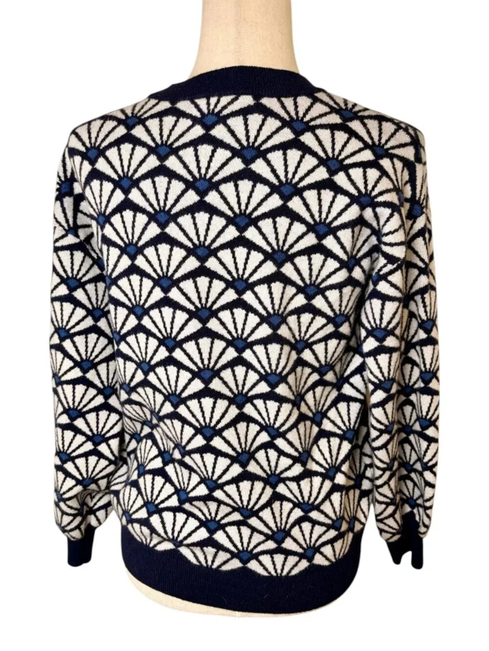 Daniel Rainn Navy Blue White Art Deco Fan Print Crewneck Sweater Medium